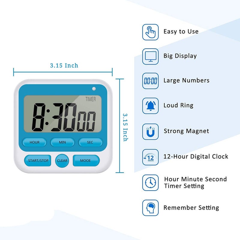 Rumcnjen 24-Hours Digital Kitchen Timer, Upgraded 12-Hour Display Clock, Big Digits, Loud Alarm, Magnetic Backing Stand, Count-Up & Count Down, Kids Timers for Cooking Baking Classroom Teachers Games(4 Pack) - Image 3
